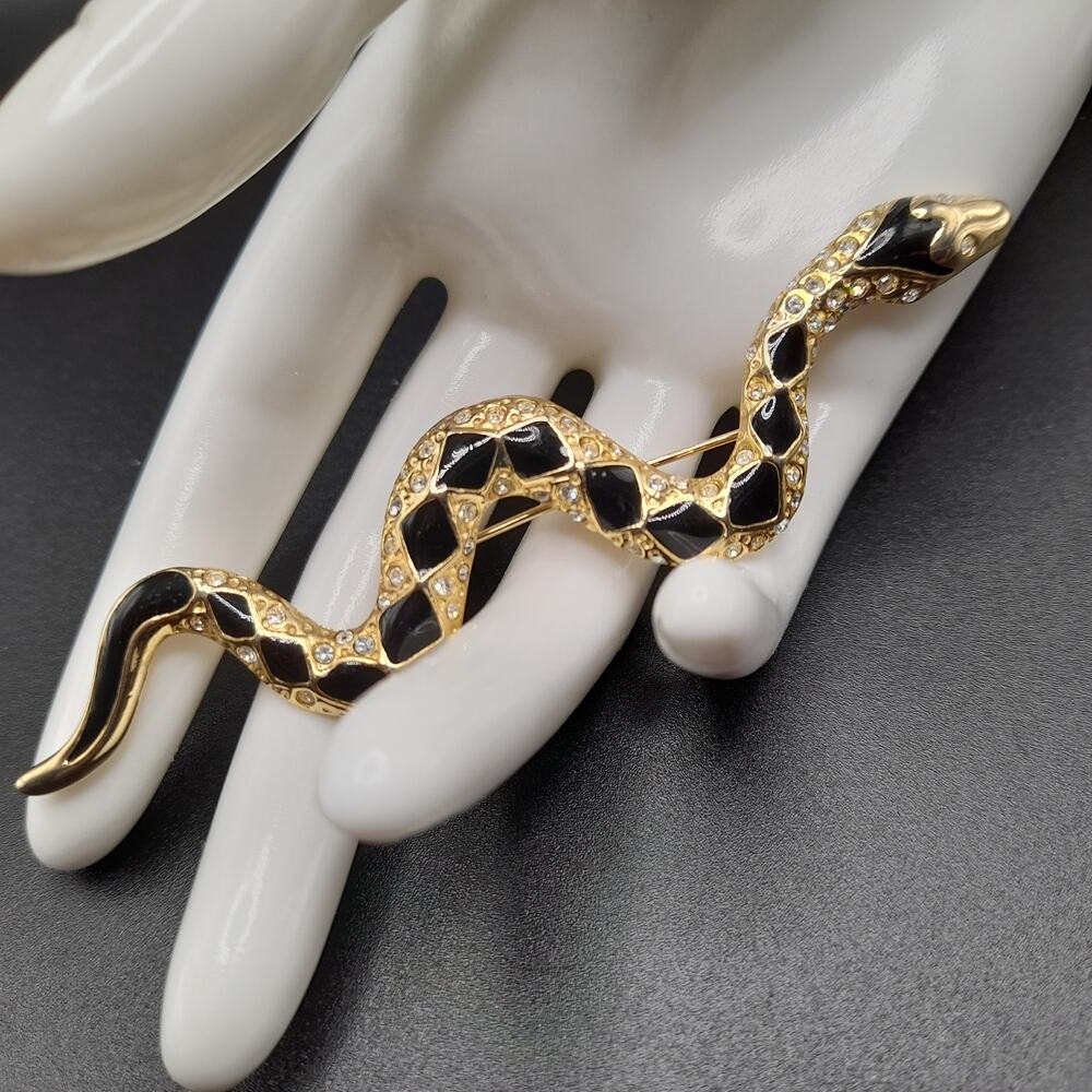 Vintage Snake Brooch Black Enamel Rhinestone Gold Tone Serpent Pin
